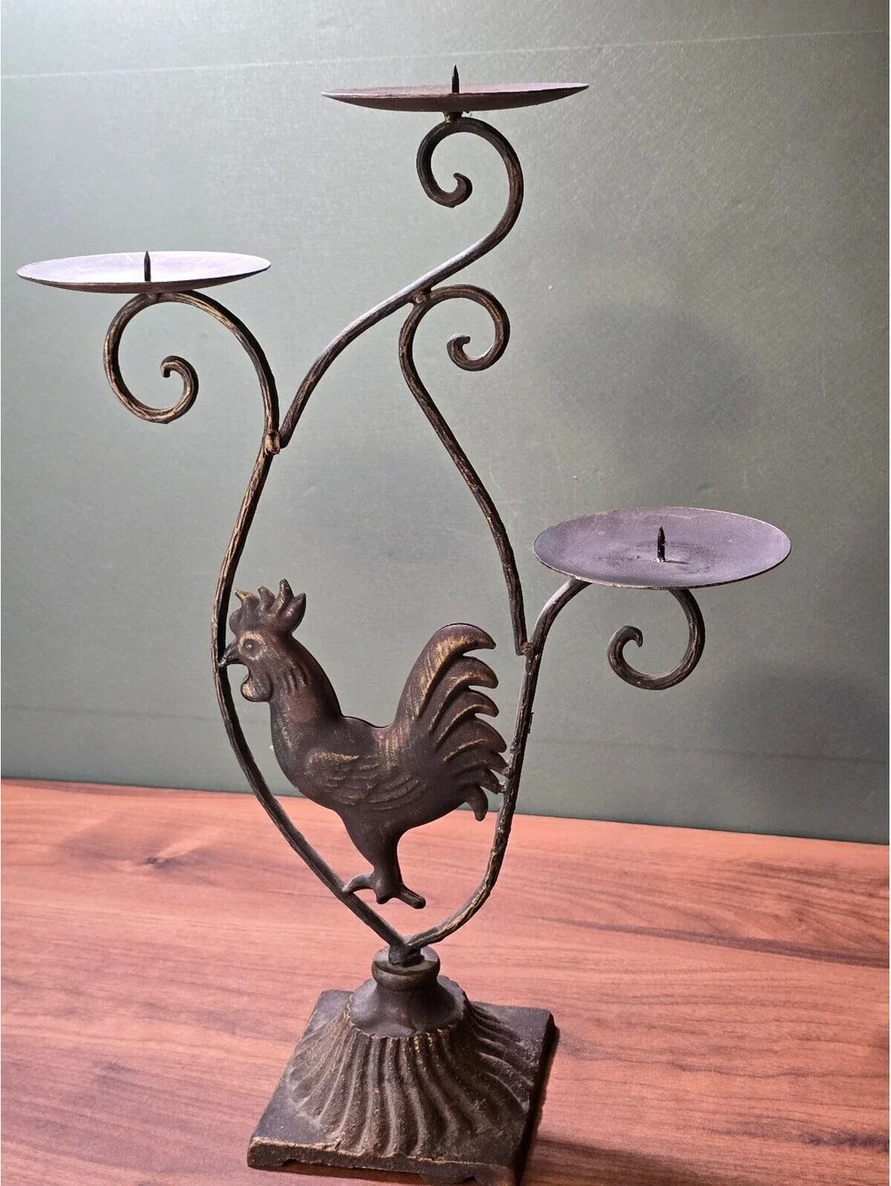 Vintage Wrought Iron Rooster Candelabra 17 Inch 3 Tier Farmhouse Candle Holder